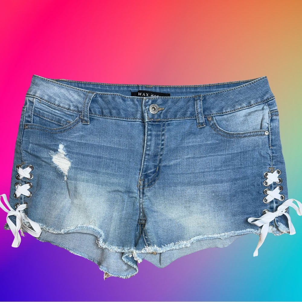 WAX Jean Y2K Light Wash Distressed Denim Shorts with Lace-Up Sides